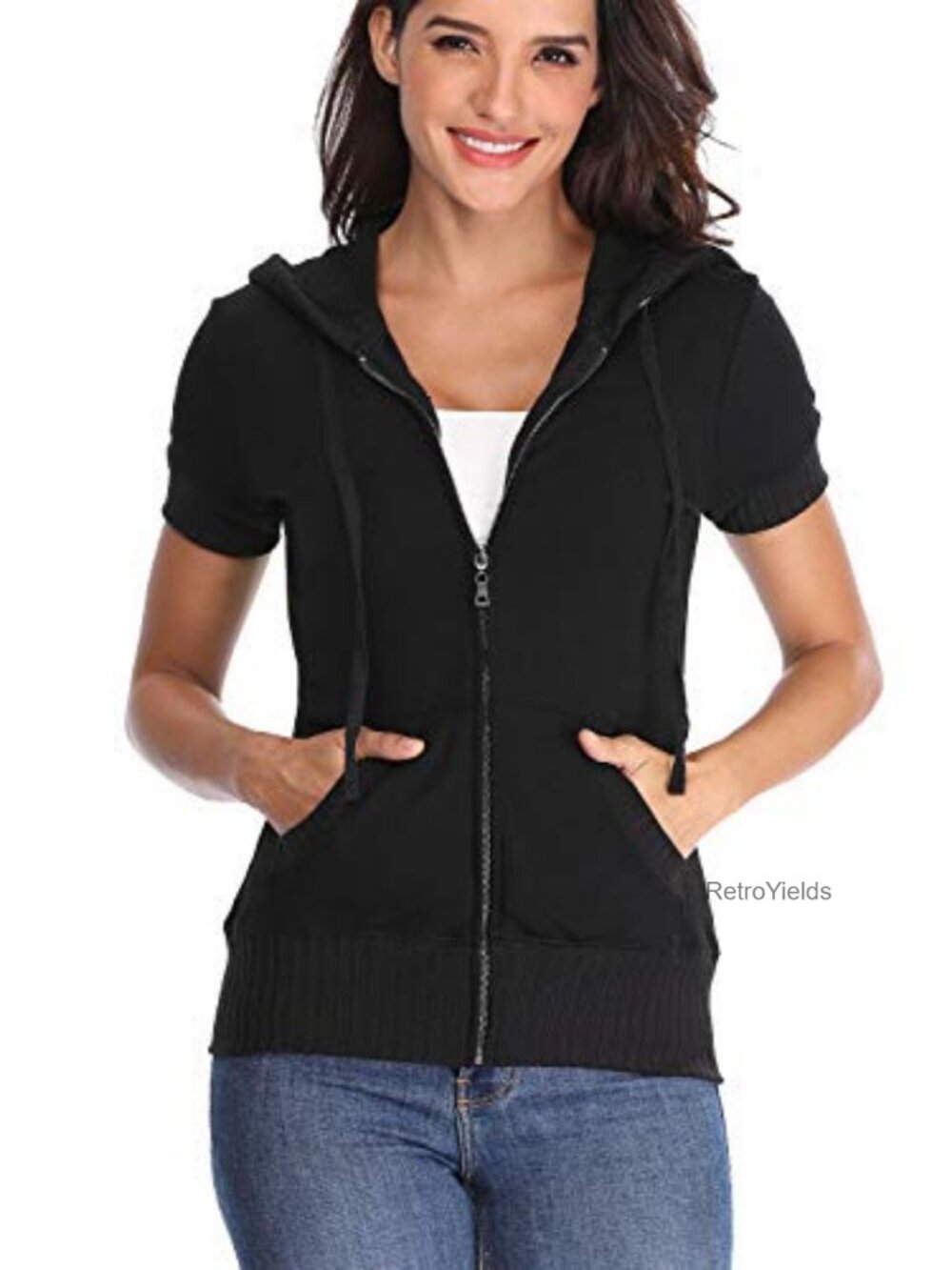 Zip Up Short Sleeve Hoodie Cotton Blend Slim Fit Sweatshirt Casual